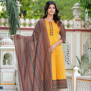 <b>Womens</b> Cotton Geometric Zig Zag Print Anarkali Kurta Pant Dupatta <b>Set</b> Calf Length Round Neck Three Fourth Sleeve Mustard - Product Image 1