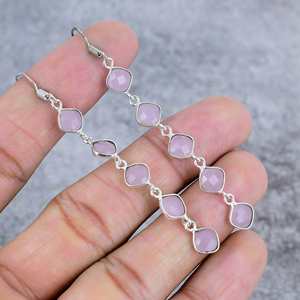 Pendientes Largos de Calcedonia Rosa, Pendientes Hechos a Mano con Baño de Oro, Pendientes de Plata de Ley 925, Joyería para Bodas, Regalo de Joyería - Product Image 1