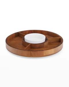 Round Wooden <b>Chip</b> and Dip <b>Tray</b> with Ceramic Bowl Stylish Acacia Wood Serving Platter for Snacks and Dips - Product Image 5