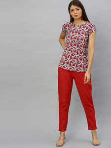 Pantalon décontracté confortable pour femmes, coupe régulière, en coton rouge slub, tissu doux et respirant pour le travail quotidien, les voyages - Product Image 3