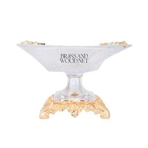 Luxury golden brass and crystal square decorative bowl with ornate carved base and elegant <b>corner</b> details for classic interiors - Product Image 1