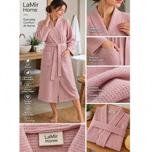 Peignoir en tissu éponge tissé 70% coton 30% polyester unisexe pour hôtel et spa, prêt à être expédié, fabriqué en Turquie - Couleur rose - Product Image 3