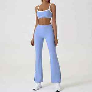 Ensemble de yoga sans couture personnalisé soutien-gorge à épaules fines imprimé teint par cravate pantalon micro-évasé en tissu nu PCS-R-259 de yoga en plein air de couleur contrastée - Product Image 4