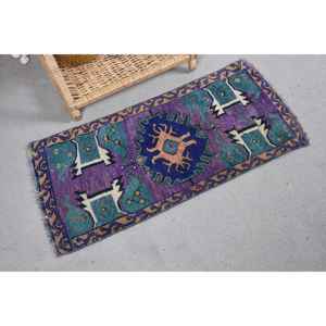Tapis turc vintage classique violet vert Patchwork Design 1.4X3 pieds laine à poils moyens Latex Boho salle à manger tapis écologique - Product Image 2