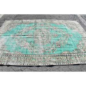 Tapis Turc Vintage 5.9x9.4 pieds Vert Beige Plat Tissage Laine avec Motif Patchwork pour Décorations de Salon ou Couloirs - Product Image 3