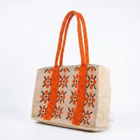 Sac fourre-tout bohème au crochet avec broderie géométrique et poignées orange – Sac à main décontracté pour femme, usage quotidien
