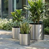 Jardinière cylindrique moderne en acier inoxydable, grand pot à fleurs rond en métal pour intérieur, extérieur et jardin commercial