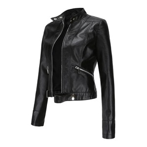 Nueva chaqueta recortada de cuero para mujer de estilo cruzado adelgazante eficaz para ropa de motocicleta de moda informal - Product Image 1