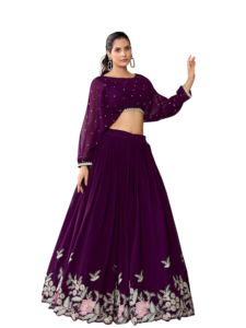 TRENDMALLS Georgette Paillettes Broderie Travail Lehenga Crop Top Semi Stitch Lehenga avec Unstitch Crop Top (L288-Purple) - Product Image 3