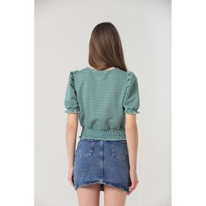 Blusa a Cuadros Esmeralda para Mujer Topshow con Cintura Elástica, Tela Jacquard de Algodón y Poliéster, Manga Larga, Estilo Casual - Product Image 3