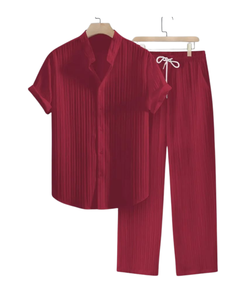 Conjunto de 2 piezas a rayas de color sólido de verano para hombre, pantalones con cordón de cuello levantado de moda informal perfectos para vacaciones en la playa - Product Image 5