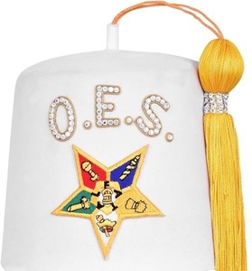 Chapeau Fez OES Premium Blanc avec étoile brodée et accent en strass, type de tissu : feutre de laine premium - Product Image 1