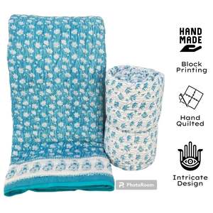 Light Blue Lotus Print AC Comforter High GSM with Export Grader Durability Double Side Hand Block Printed Pure Cotton <b>Quilts</b> - Product Image 6