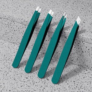 Juego de 4 pinzas de Punta inclinada de acero inoxidable (verde) para depiladora de vello facial y cejas con ESTUCHE DE ESPEJO - Product Image 2