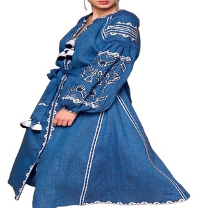 Robe Kaftan Bohème en Lin Ukrainien Brodé pour Femme, Manches Bouffantes, Longueur Genou, Robe d'Été, Prix de Gros - Product Image 1