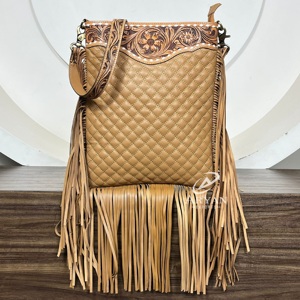Directo de fábrica, venta al por mayor, bolso cruzado con flecos grandes de cuero labrado a mano, bolso de hombro de mujer de cuero de vaca con patrón de celosía de diamante - Product Image 1