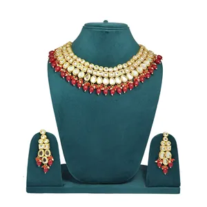 Ensemble de collier en perles ovales rouges Meenakari Kundan, bijoux fins classiques et tendance, plaqué or, pour mariage, fête, fiançailles, cadeau - Product Image 3
