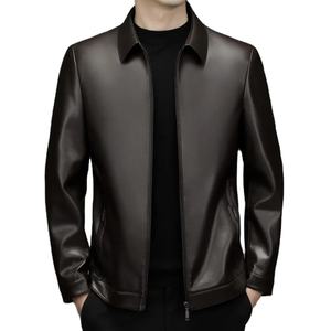 Veste en cuir pour hommes revers col montant coupe ajustée couleur unie coupe-vent automne tendance marque moto ensemble coupe-vent beau - Product Image 3