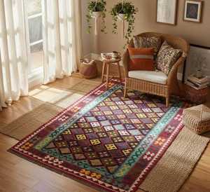 Tapis afghan Kilim tissé à la main Rouge foncé et turquoise Géométrique Diamant Tissage plat Laine Tapis de surface - Product Image 4