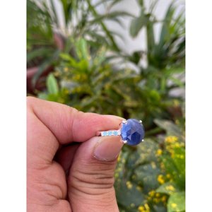 925 <b>Silver</b> Natural Blue Sapphire Statement <b>Ring</b> <b>Boho</b> Style Engagement Fine Jewelry with Oval Cut Topaz and Oyster Cut Diamond - Product Image 2