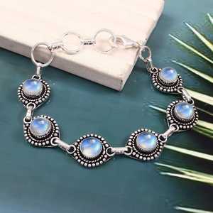 Rainbow Moonstone Sterling Silver Luxury Tennis Shape GIA Certified Platinum Plated Adjustable <b>Charm</b> <b>Bracelet</b> Handmade Jewelry - Product Image 6