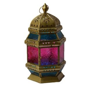 Lanterne marocaine en métal de qualité supérieure Eid lanterne marocaine islamique artisanale lanterne rose et bleue pour lampes de décoration intérieure - Product Image 1
