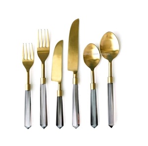 Fancy Design Metal Cutlery <b>Set</b> with <b>Grey</b> Acrylic Handle Gold Finished for Home and Hotels Dinnerware Flatware <b>Sets</b> - Product Image 1