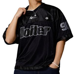Camiseta de malla negra extragrande para hombre, manga corta, con logo personalizado, OEM, marca privada, venta al por mayor, camiseta de fútbol americano, EE. UU. - Product Image 1