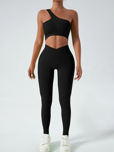 Ensemble 2 pièces Soutien-gorge de yoga à sangle unique pour la course à pied Sports Gym Stretch Sous-vêtements pour femmes Épaule diagonale Fitness Tank Top - Product Image 5