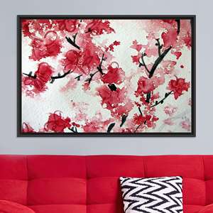 Elegante arte de pared en lienzo con estampado floral de flor de cerezo Sakura, lienzo con marco negro - Product Image 1