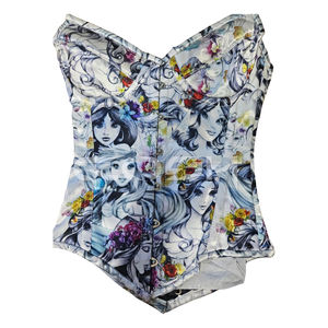 Corset satiné à armatures avec imprimé coloré de dessin animé de fille, sublimé par transfert thermique, à fermeture frontale - Product Image 1