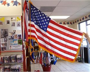 American Flag Polyester 3x5 Ft Sleeved Embroidered <b>Star</b> Fringe Heavy Duty Waterproof <b>Hanging</b> Aluminum Flagpole Sewn Stripes - Product Image 1