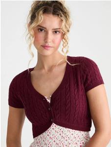 FNJIA Women Sweater Cable Knit Short Sleeve Cardigan V Neck Button Cropped Solid <strong>Knitted</strong> Shrug Ladies Crop Knit <strong>Bolero</strong> - Product Image 2