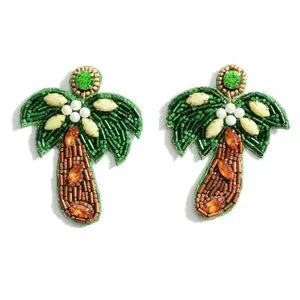 Hand-beaded palm tree earrings Ethnic chic jewelry Funky beach earrings Vibrant seed bead jewelry