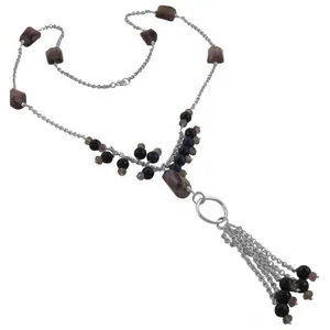 Women's Silver Beaded Tassel Necklace with Gemstone Beads Religious Style Jewelry Featuring Quartz Agate Pearl Turquoise Gift - Product Image 1