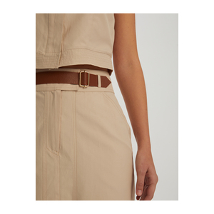 Jupe midi décontractée pour femme en mélange de coton à taille haute avec détail ceinture en cuir, respirante et écologique - Product Image 5