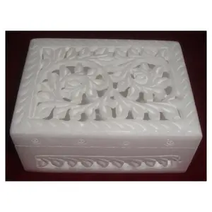 New Product Alabaster Pure White Handmade Top Quality Indian White Marble Carving Box Gift Purpose Ramadan Jewelry Unique Box