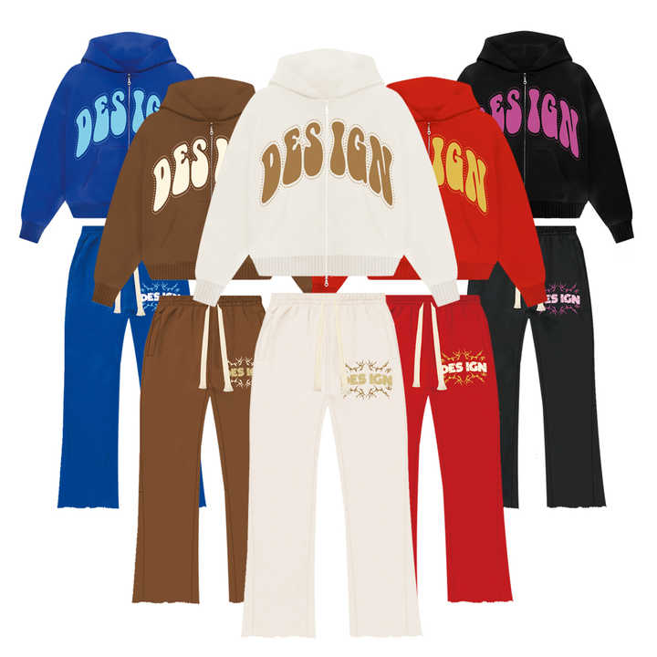 2025 Wholesale Best Custom Logo Double Zipper Hoodie and Flared Sweatpants Set Pink Tracksuit for Men 100% Cotton for Winter