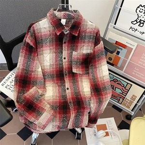 Manteau en laine à carreaux pour hommes, coupe ample, printemps-automne, veste chemise vintage, veste de qualité style moto pour jeunes - Product Image 3