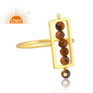 Best Selling Sterling <b>Silver</b> Gold <b>Plated</b> Natural Yellow Tiger Eye Beaded Gemstone Stackable Ring Demi Fine Jewelry Manufacturer - Product Image 4