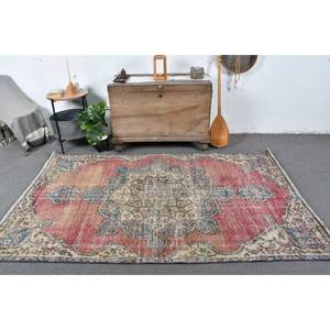 Vintage Turkish Rug 4.7 X 8 ft <b>Red</b> Blue Patchwork Design Large Boho Area Rug for Hallway Bedroom Wool <b>Material</b> Latex Backing - Product Image 1