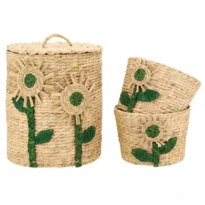 Cesta ecológica de jacinto de água feita à mão para crianças, cesto com padrões de flores para armazenamento e cesta de brinquedos, novidade