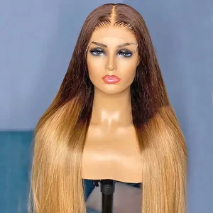 Wig lurus pirang Ombre coklat rambut manusia 13x4 wig rambut Brasil Frontal renda transparan untuk WANITA HITAM