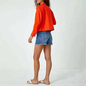 Veste bomber en denim matelassée surdimensionnée pour femmes, respirante, écologique, coupe-vent, fermeture à un bouton, design personnalisé, lin/nylon - Product Image 2