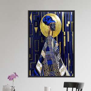 Arte en Lienzo de Mujer Real Africana: Impresión Decorativa Glamorosa en Azul y Dorado, Lienzo con Marco Negro - Product Image 1