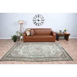 Tapis turc vintage, grand tapis de 5,8 x 8,8 pieds, tapis en laine à carreaux vert et marron - Product Image 2