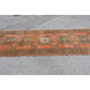 4.5x11.7 ft Turkish <b>Red</b> Ikat Vintage <b>Wool</b> Rug Eco Friendly Patchwork Design with Latex Backing - Product Image 2