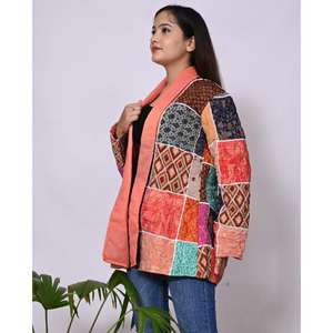 Veste en soie pour femmes Vintage Boho fait à la main léger coton matelassé imprimé Techniques vêtements d'extérieur courts pour l'hiver - Product Image 6