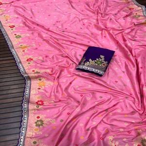 ผ้าซารีไหมโดลาแท้ VASTRA COTTAGE แบบหนา ลายมีนาการี ทอแบบจาการ์ด พร้อมเสื้อปักลายสไตล์  ย้อมสีด้วยมือ ดีไซน์เนอร์ซารี - Product Image 5