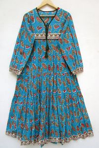 Best Selling Women's Casual Wear Hand Block Printed Silk Long Maxi <b>Dress</b> Worldwide Export India Size Free-6XL Button Decoration - Product Image 5